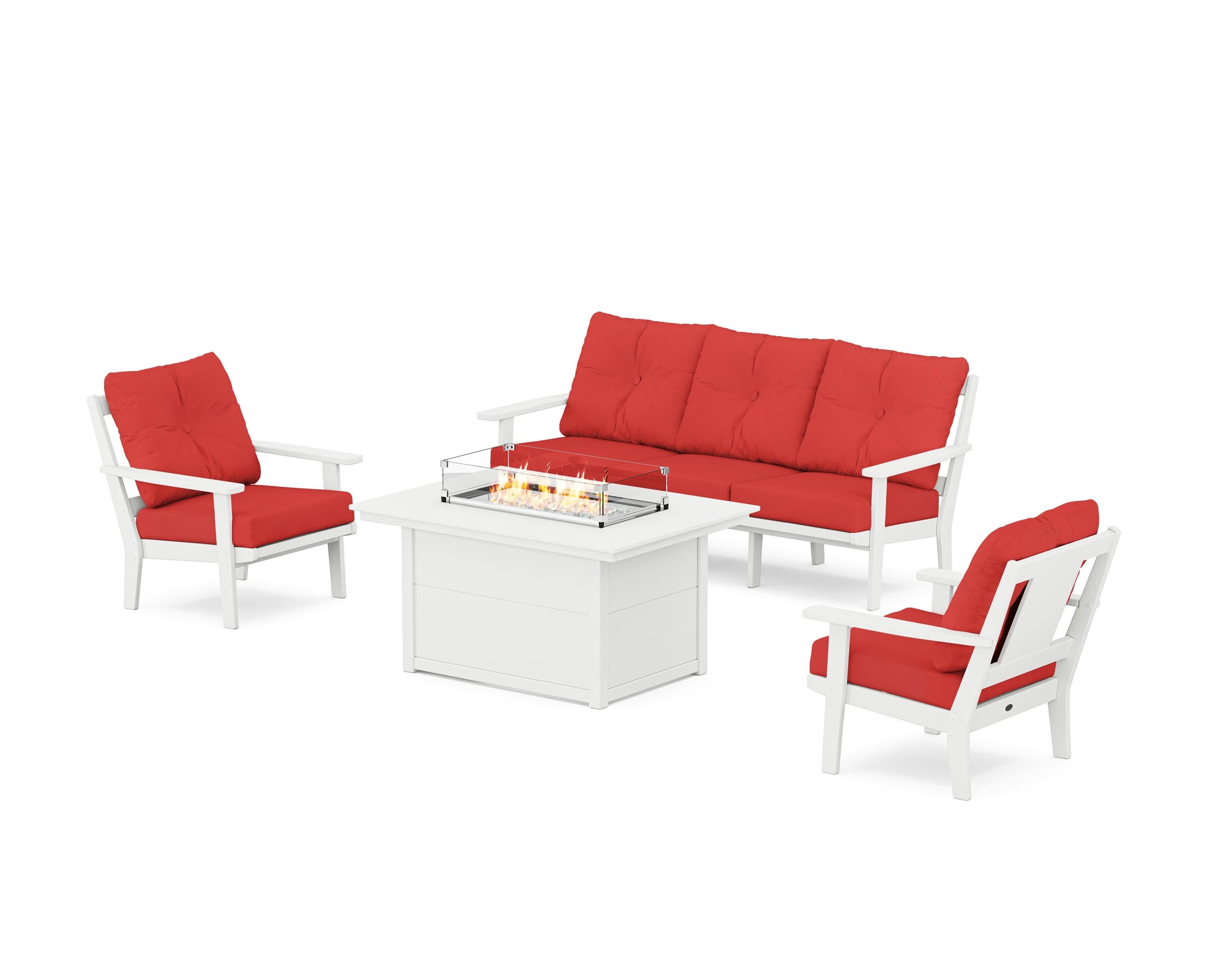 Prairie Deep Seating Fire Pit Table Set in White / Crimson Linen