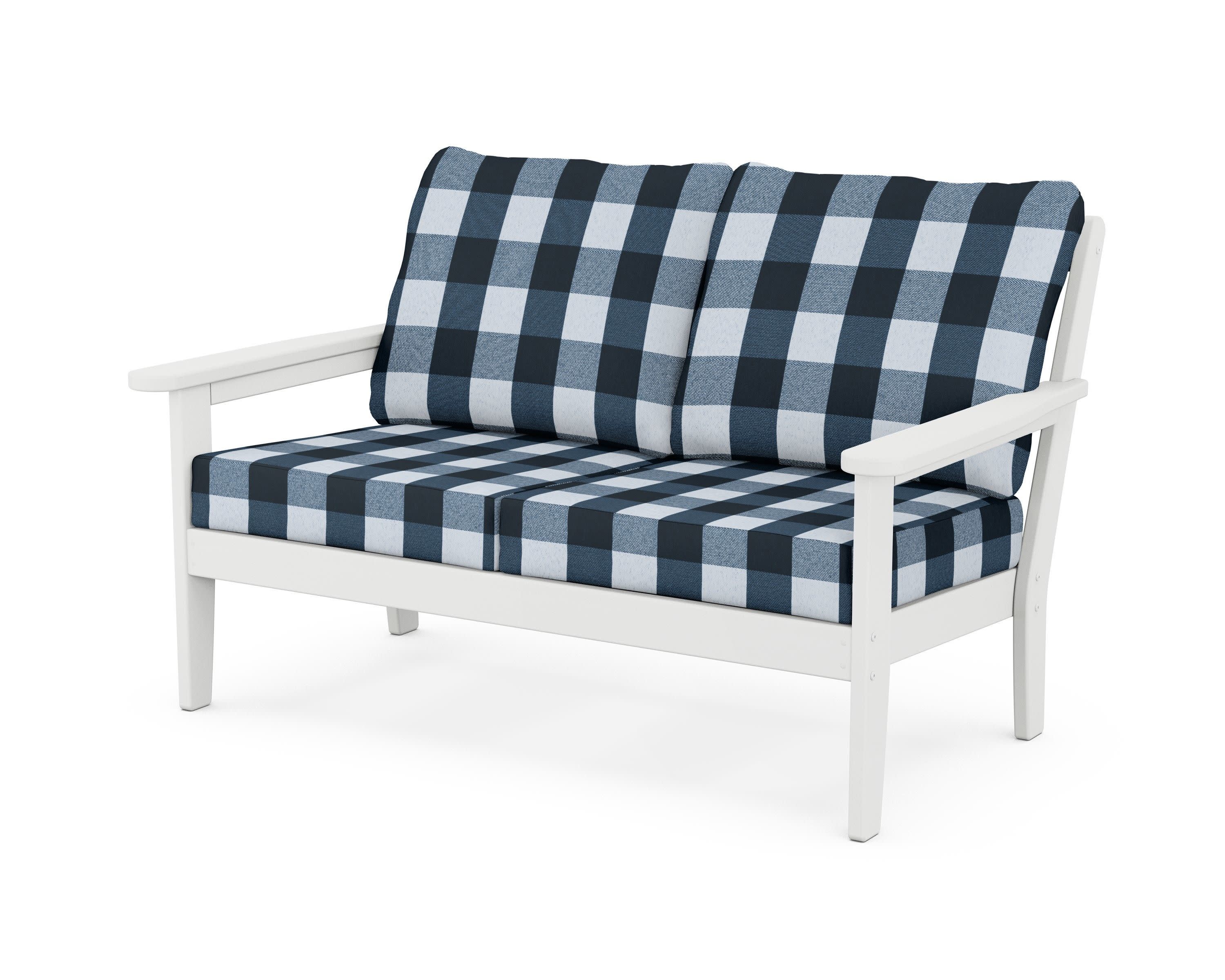 Cottage Deep Seating Loveseat in White / Buffalo Plaid Marine Indigo