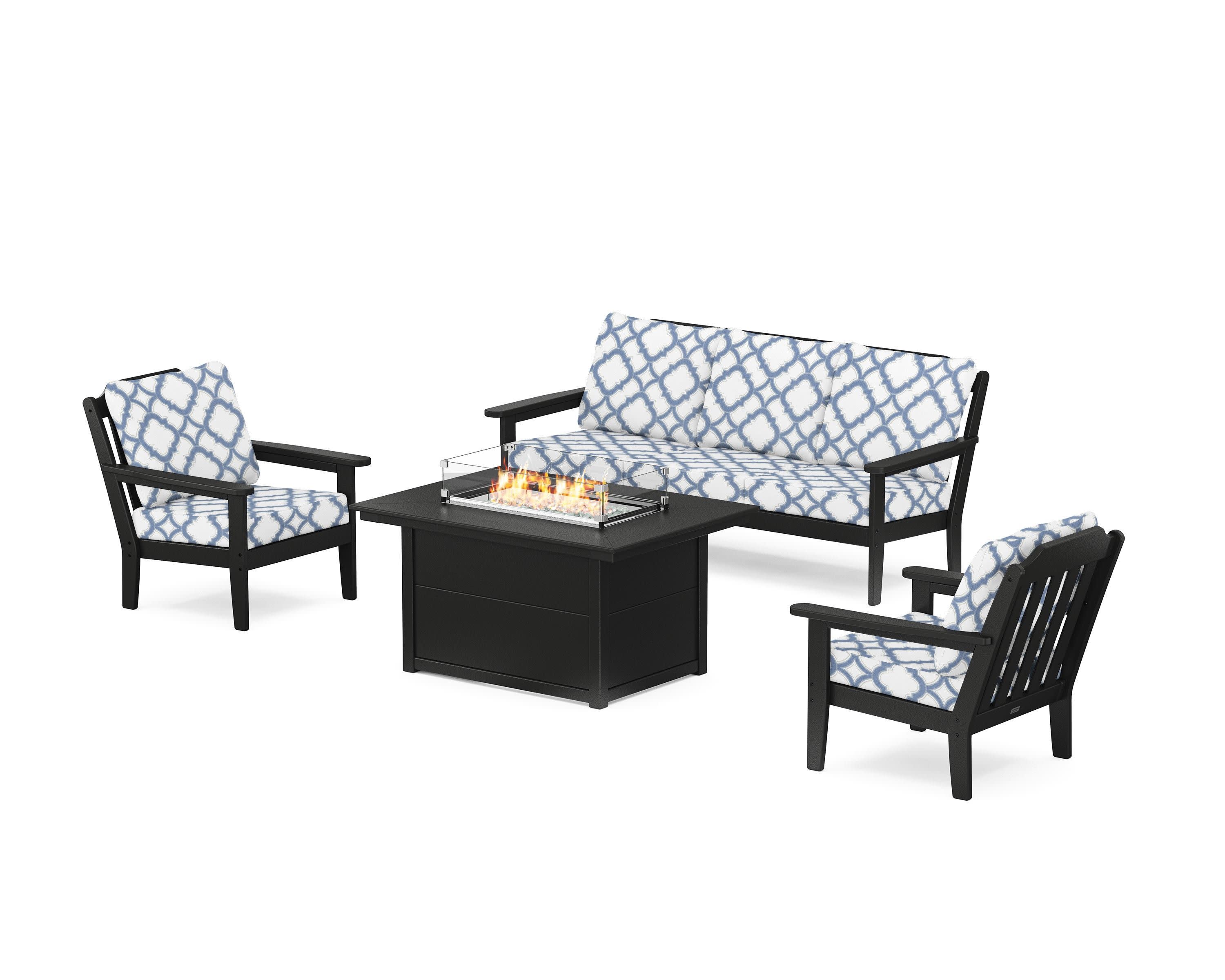 Cottage Deep Seating Fire Pit Table Set in Black / Trellis Sky Blue
