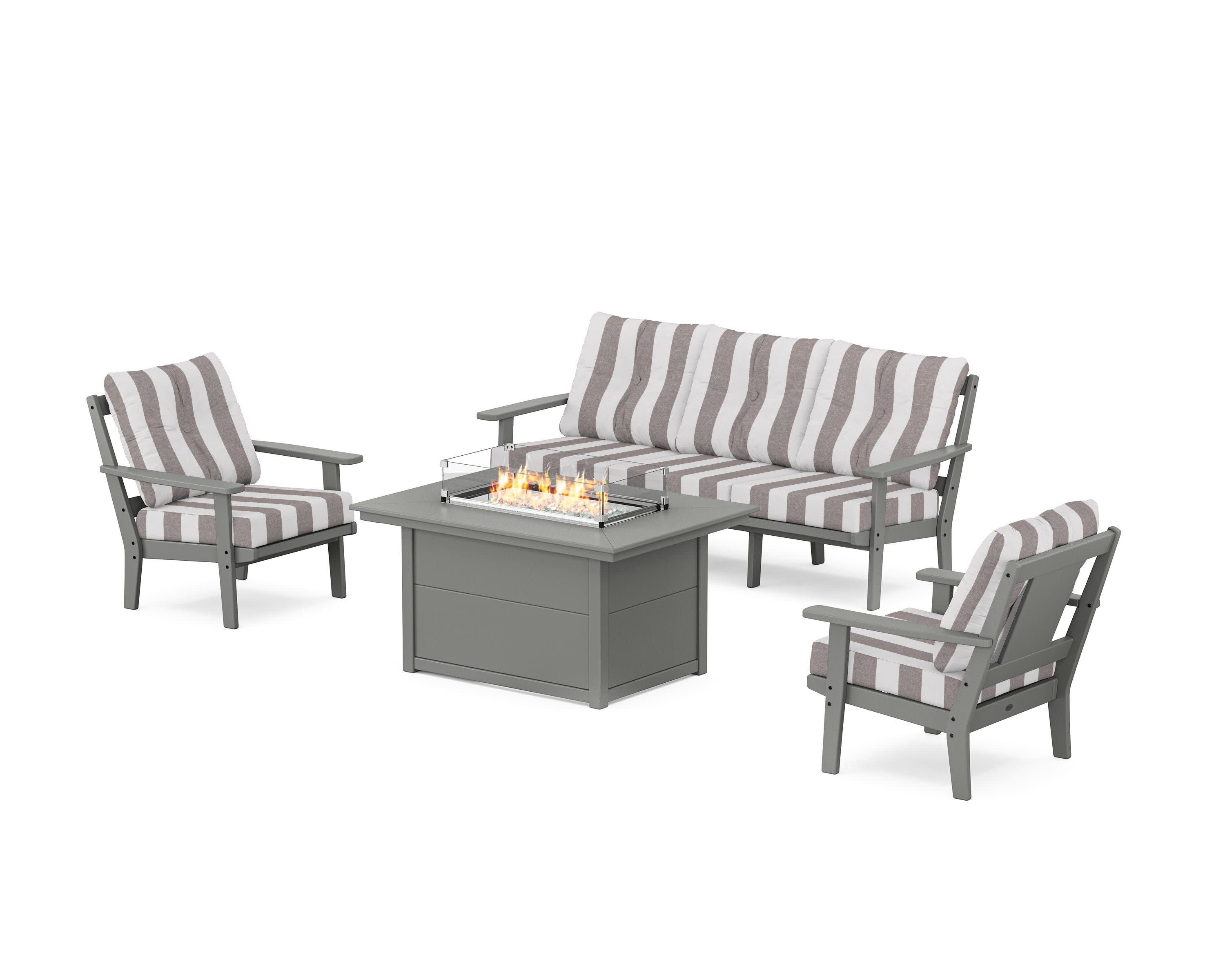 Prairie Deep Seating Fire Pit Table Set in Slate Grey / Cabana Stripe Grey Mist