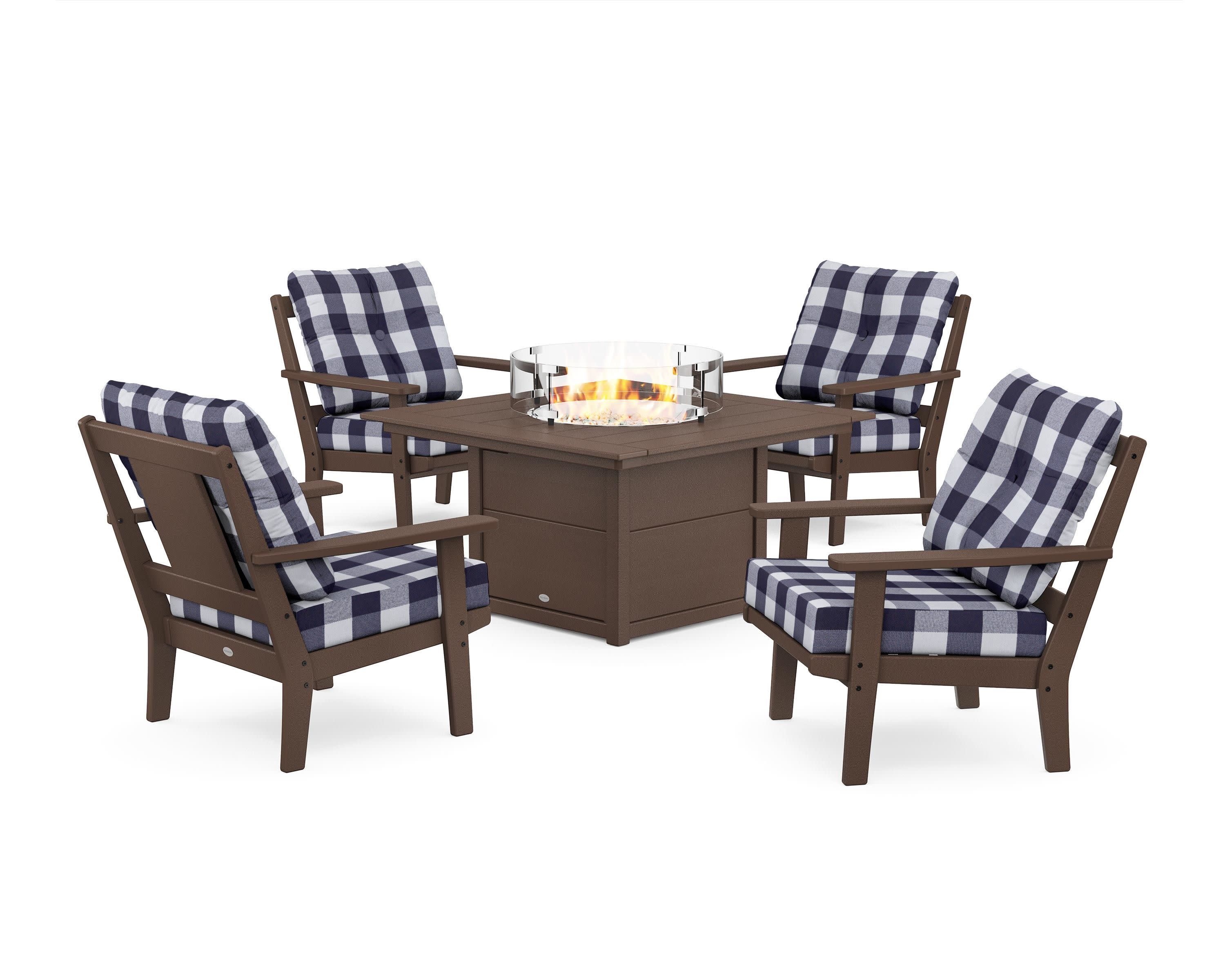 Prairie 5-Piece Deep Seating Set with Fire Pit Table in Mahogany / Buffalo Plaid Navy