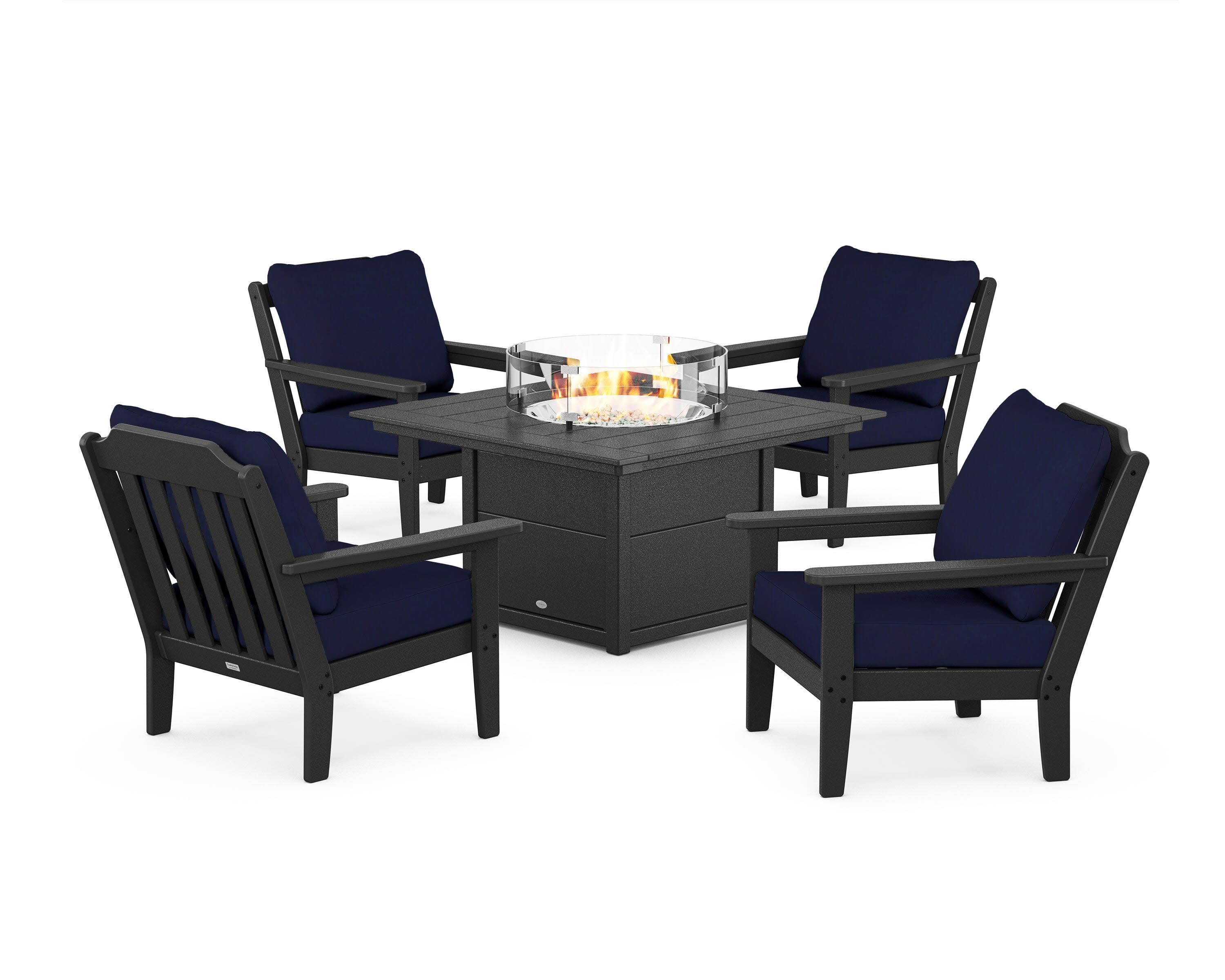 Cottage 5-Piece Deep Seating Set with Fire Pit Table in Black / Navy