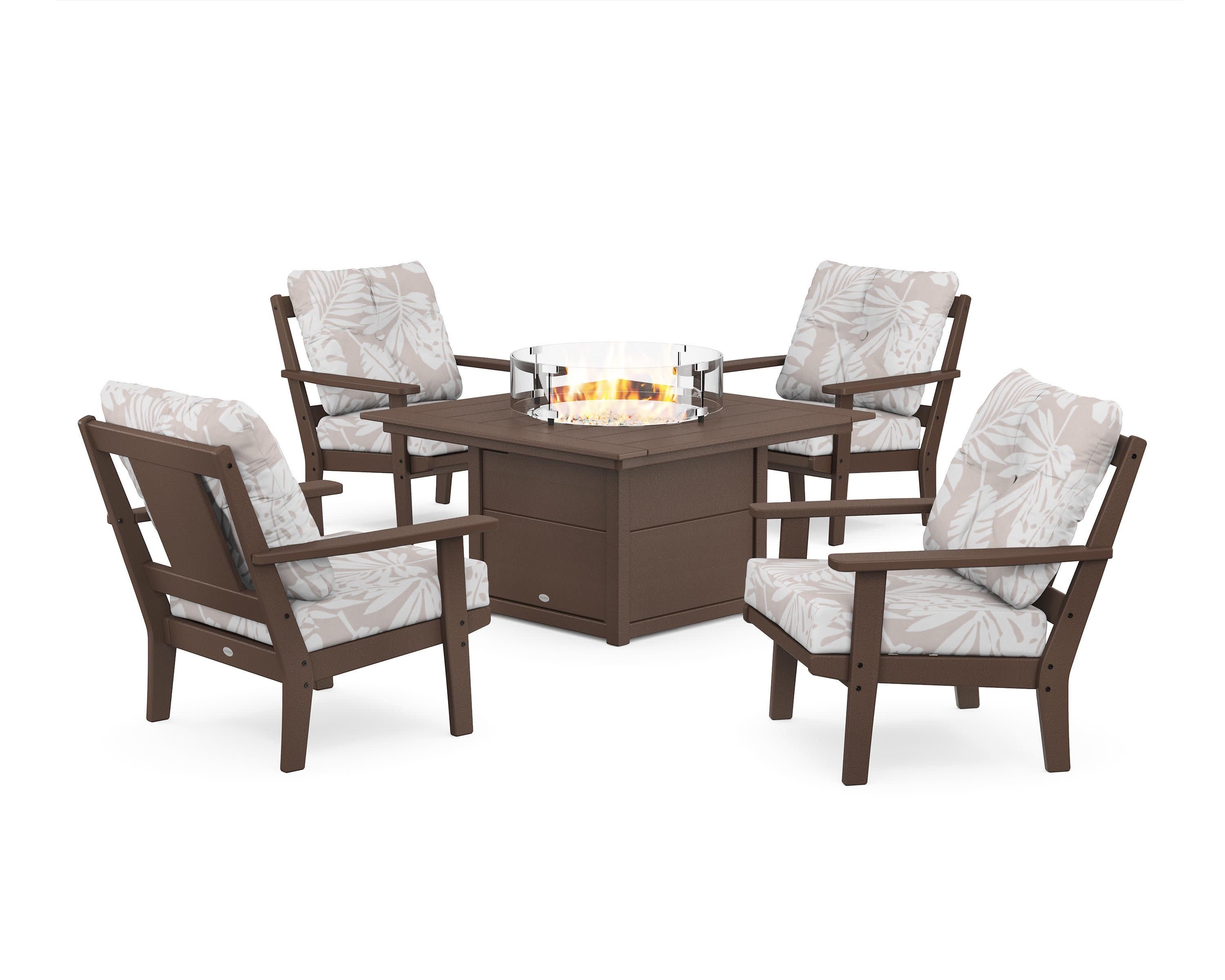 Prairie 5-Piece Deep Seating Set with Fire Pit Table in Mahogany / Leaf Dune Burlap