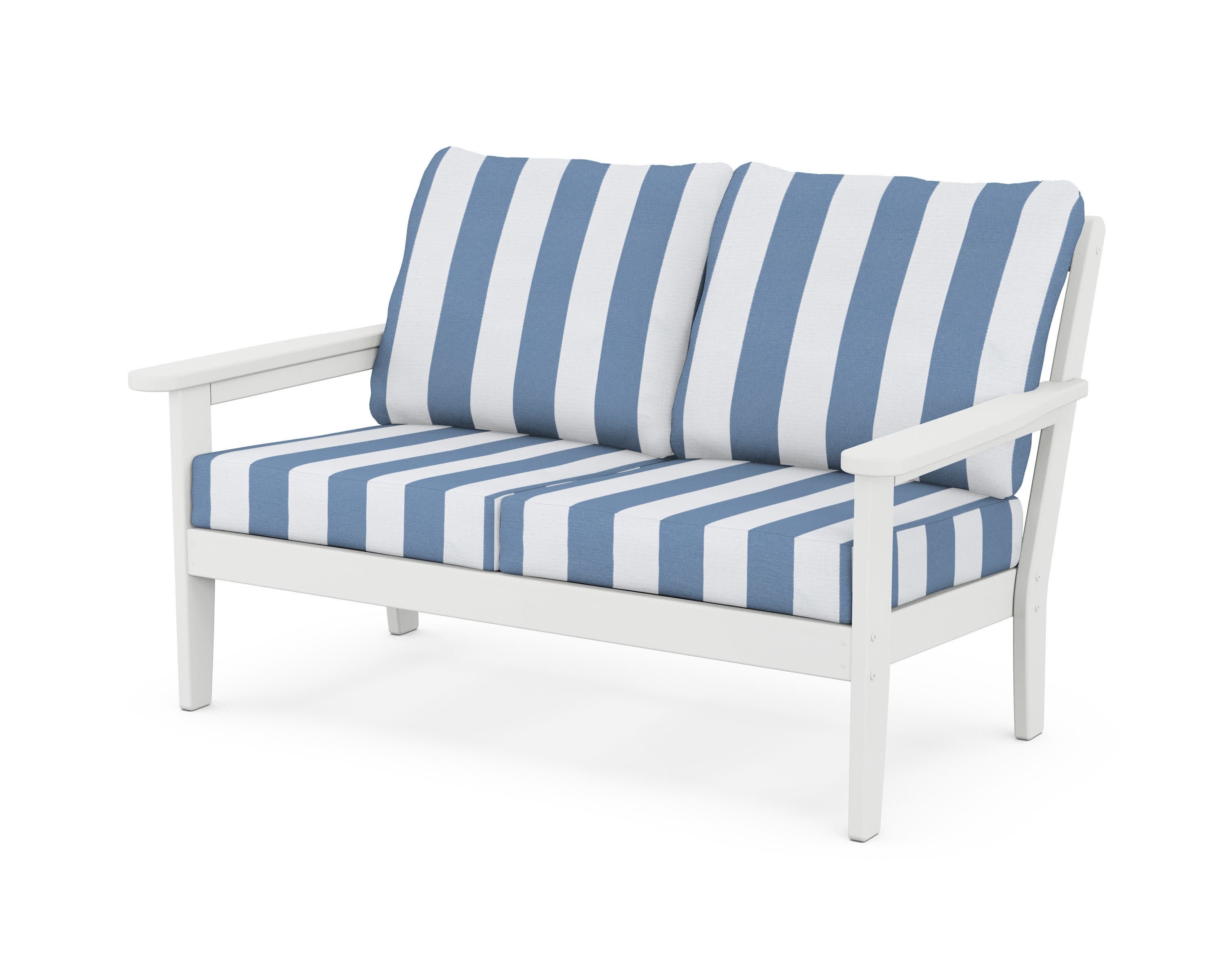 Cottage Deep Seating Loveseat in White / Cabana Stripe Sky Blue