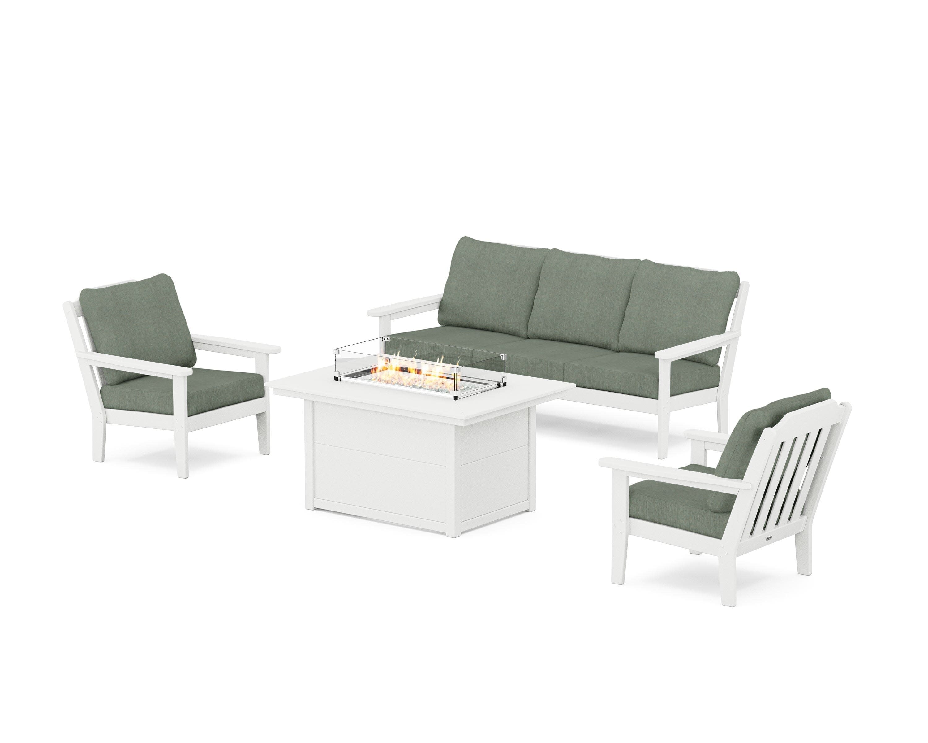 Cottage Deep Seating Fire Pit Table Set in White / Cast Sage