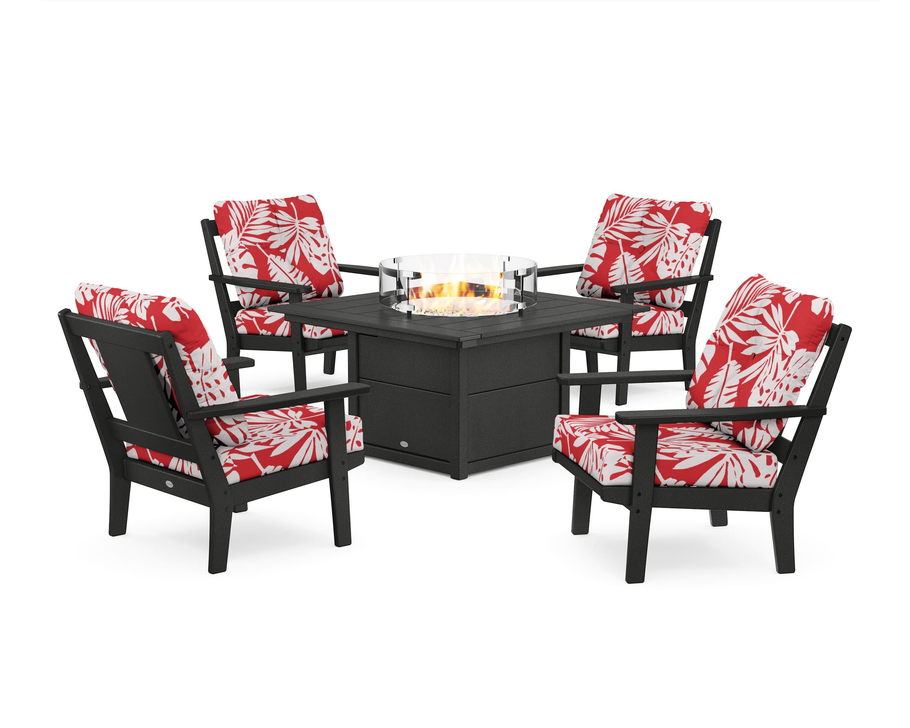 Prairie 5-Piece Deep Seating Set with Fire Pit Table in Black / Leaf Crimson