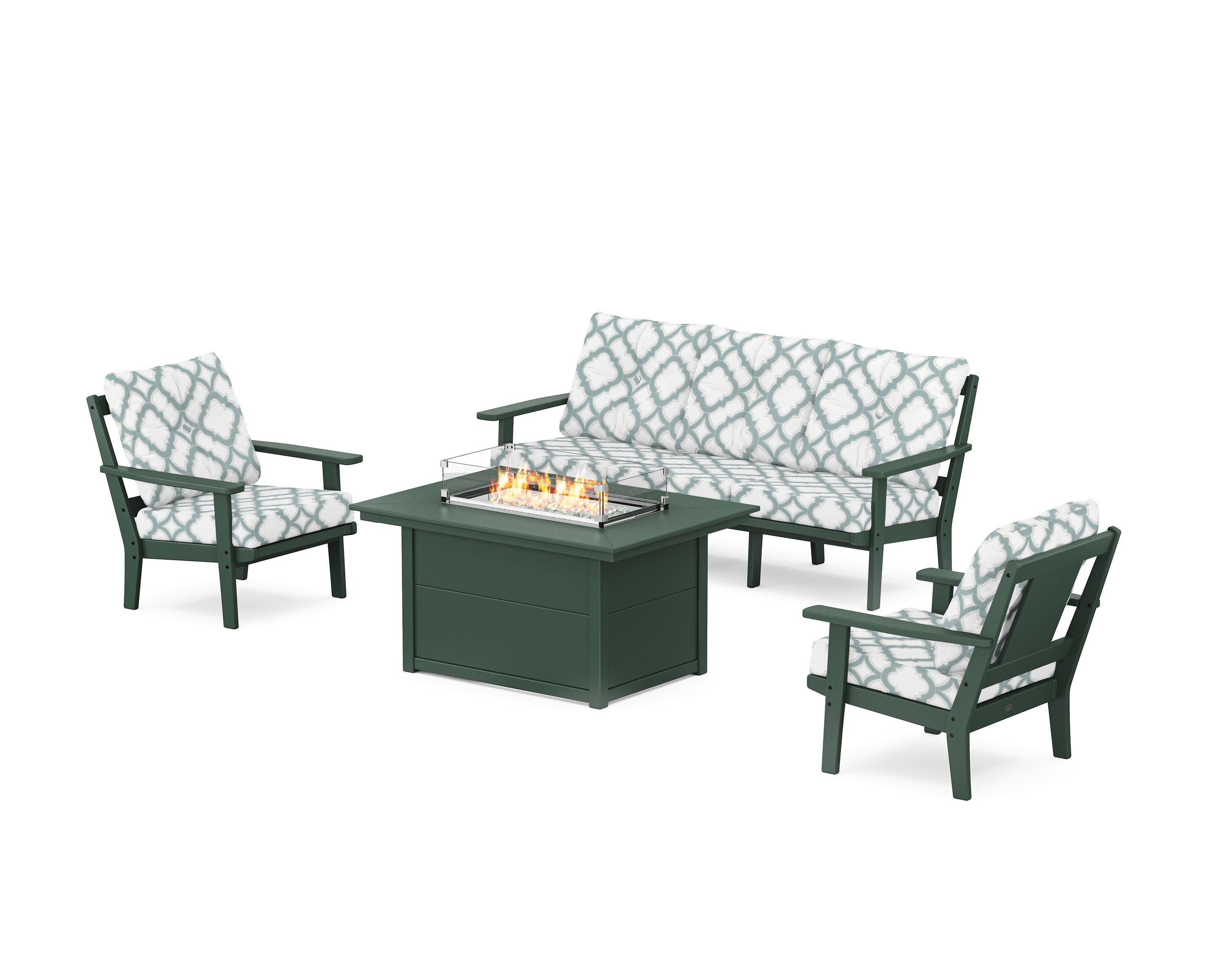 Prairie Deep Seating Fire Pit Table Set in Green / Trellis Glacier Spa
